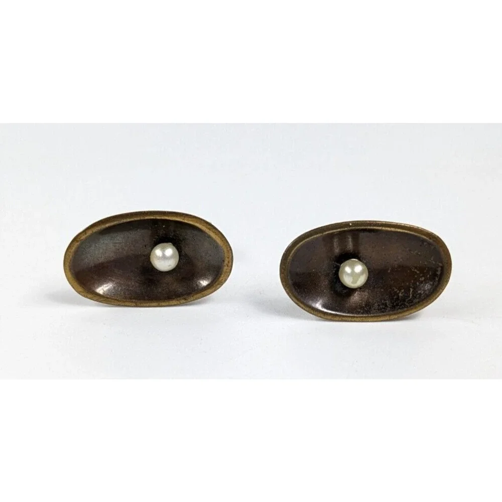 Vintage Brass Mid Century Modern MCM White Faux Pearl Oval Men's Cufflinks